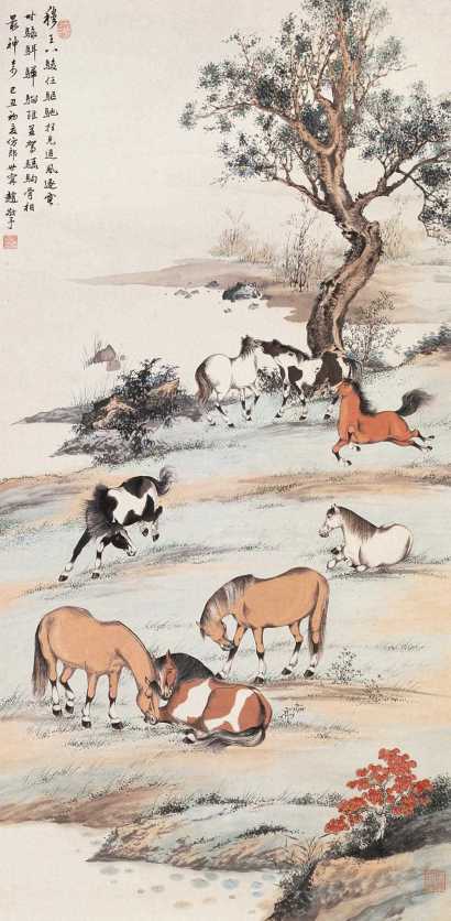 赵敬予 己丑(1949)年作 八骏图 立轴